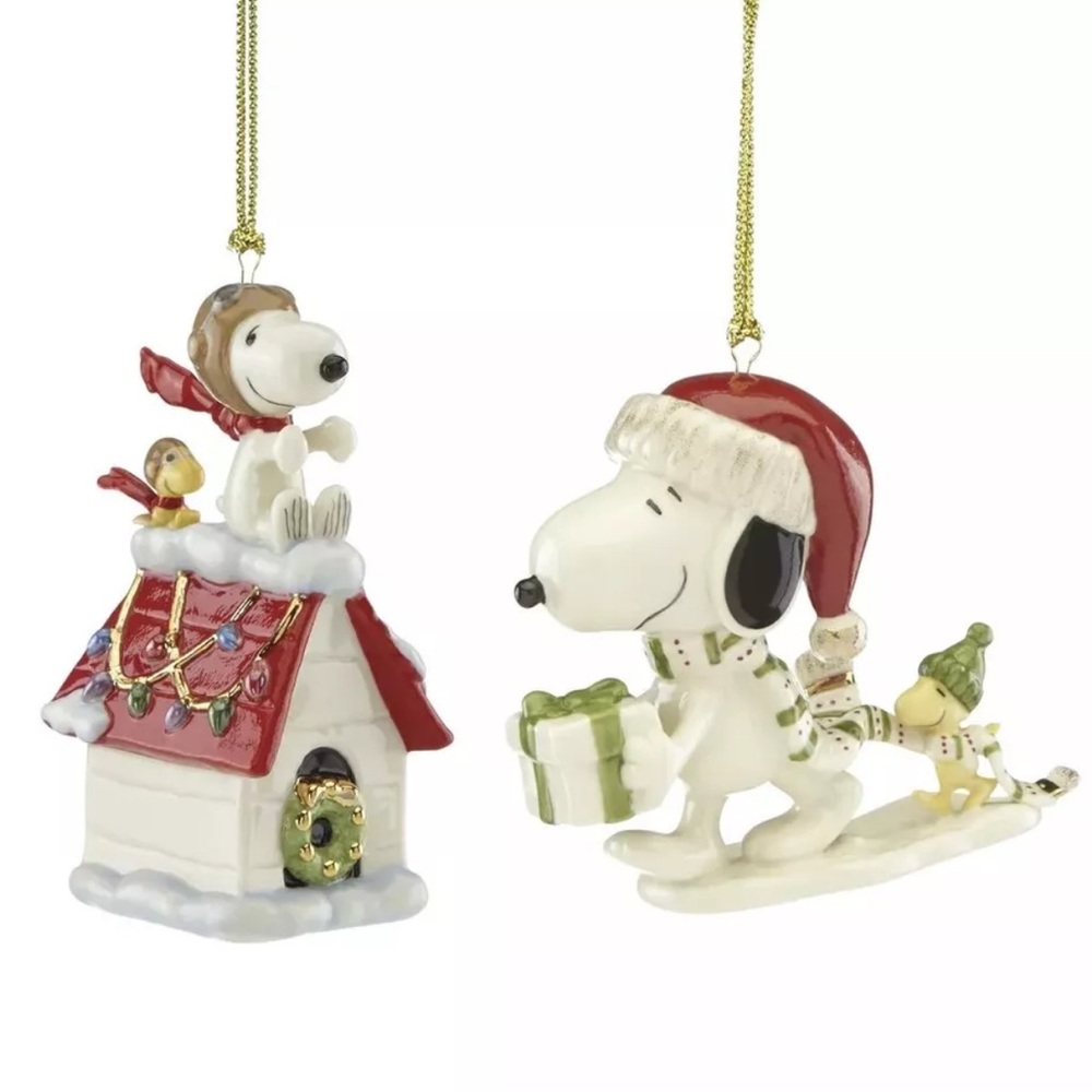 Lenox Peanuts 2 Christmas ornament set - Snoopy Holiday Gift/Flying Ace - NEW